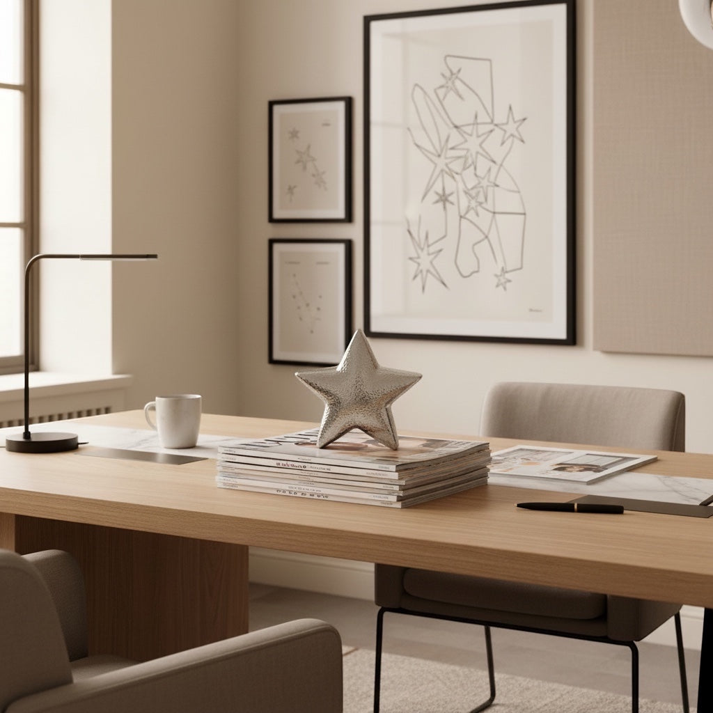 Eclectic hammered silver ceramic star sculpture displayed on a stack of magazines on a modern wooden office desk.
