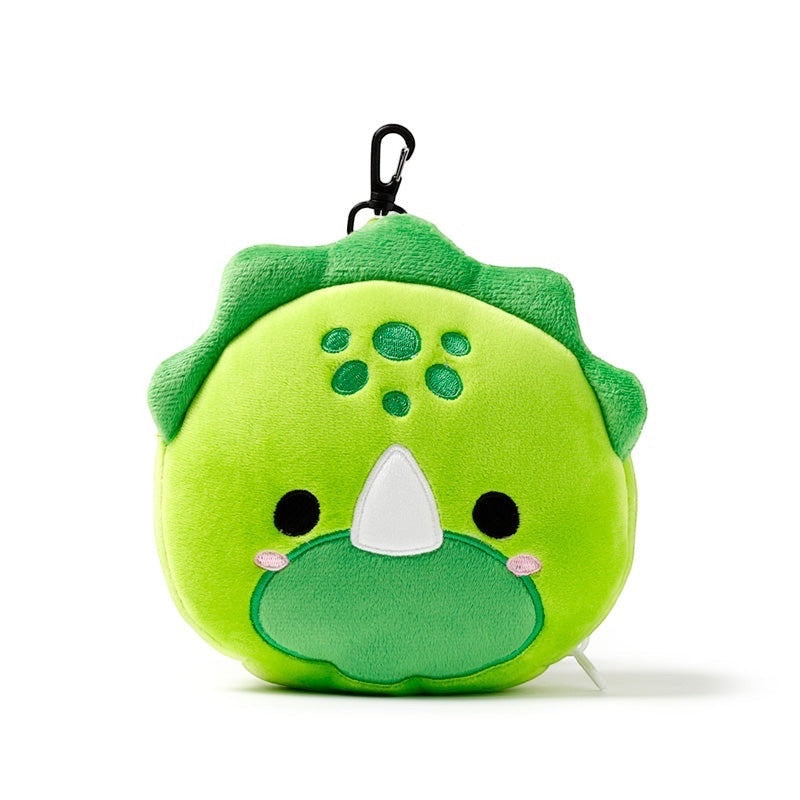 Eclectic Huck the Dinosaur plush travel pillow by Relaxeazzz in bright green polyester with a handy travel clip