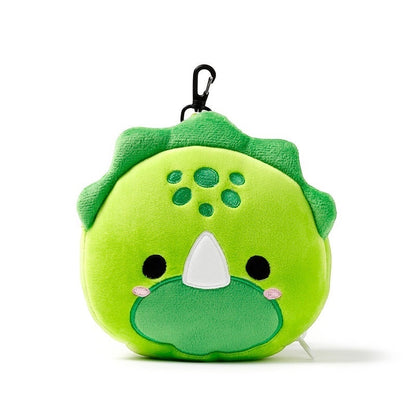 Eclectic Huck the Dinosaur plush travel pillow by Relaxeazzz in bright green polyester with a handy travel clip