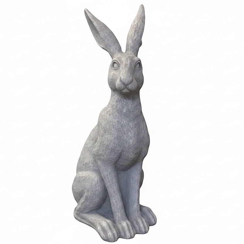 Eclectic Humphrey standing hare garden sculpture in weathered stone grey cement with detailed textured finish