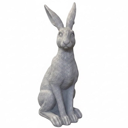Eclectic Humphrey standing hare garden sculpture in weathered stone grey cement with detailed textured finish