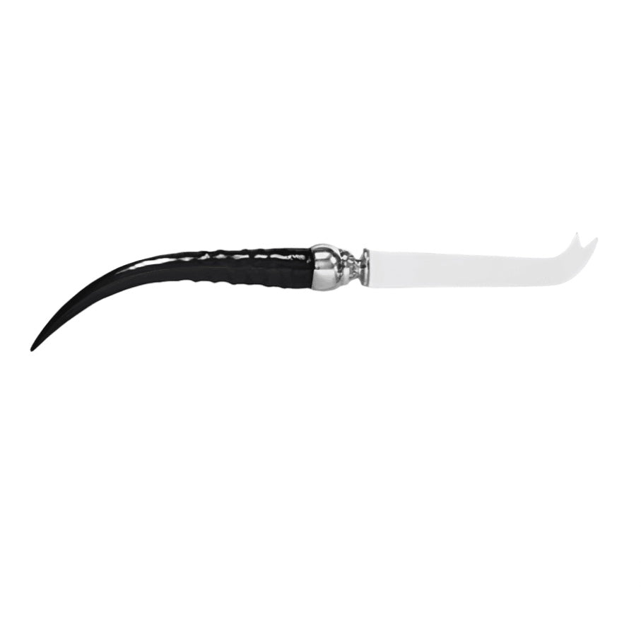 Eclectic Impondo Zulu cheese knife with a black resin horn-style handle, pewter detail, and stainless steel blade.
