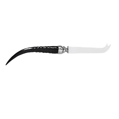 Eclectic Impondo Zulu cheese knife with a black resin horn-style handle, pewter detail, and stainless steel blade.