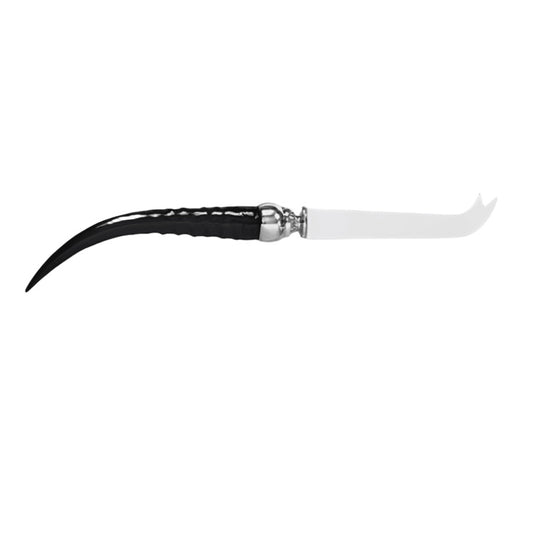 Eclectic Impondo Zulu cheese knife with a black resin horn-style handle, pewter detail, and stainless steel blade.