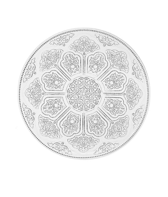 Eclectic Irena Crystal Shiraz 35cm clear glass charger plate with intricate embossed scrollwork pattern.