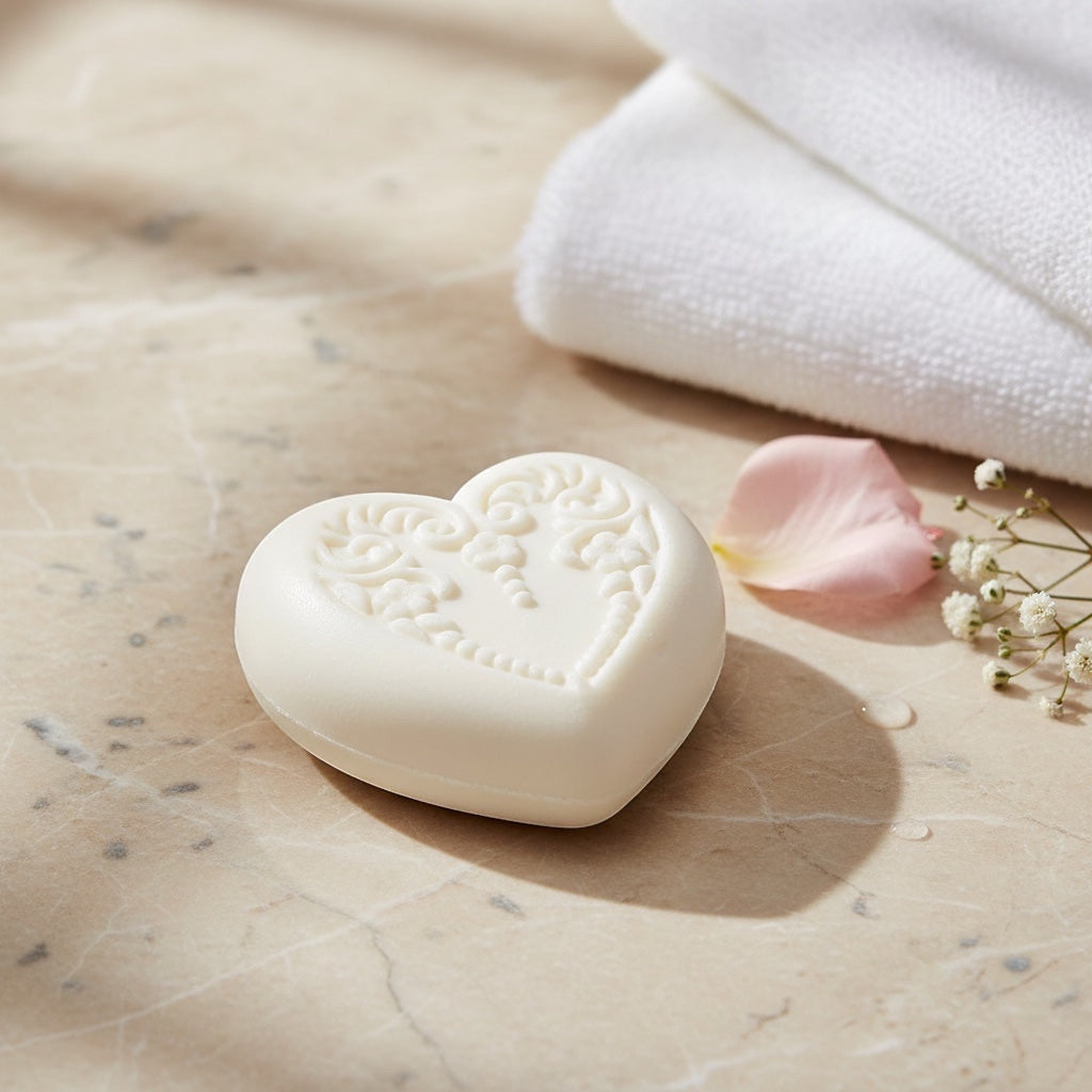 Eclectic ivory heart-shaped vegetable soap with embossed floral detail on a marble surface with a white towel.