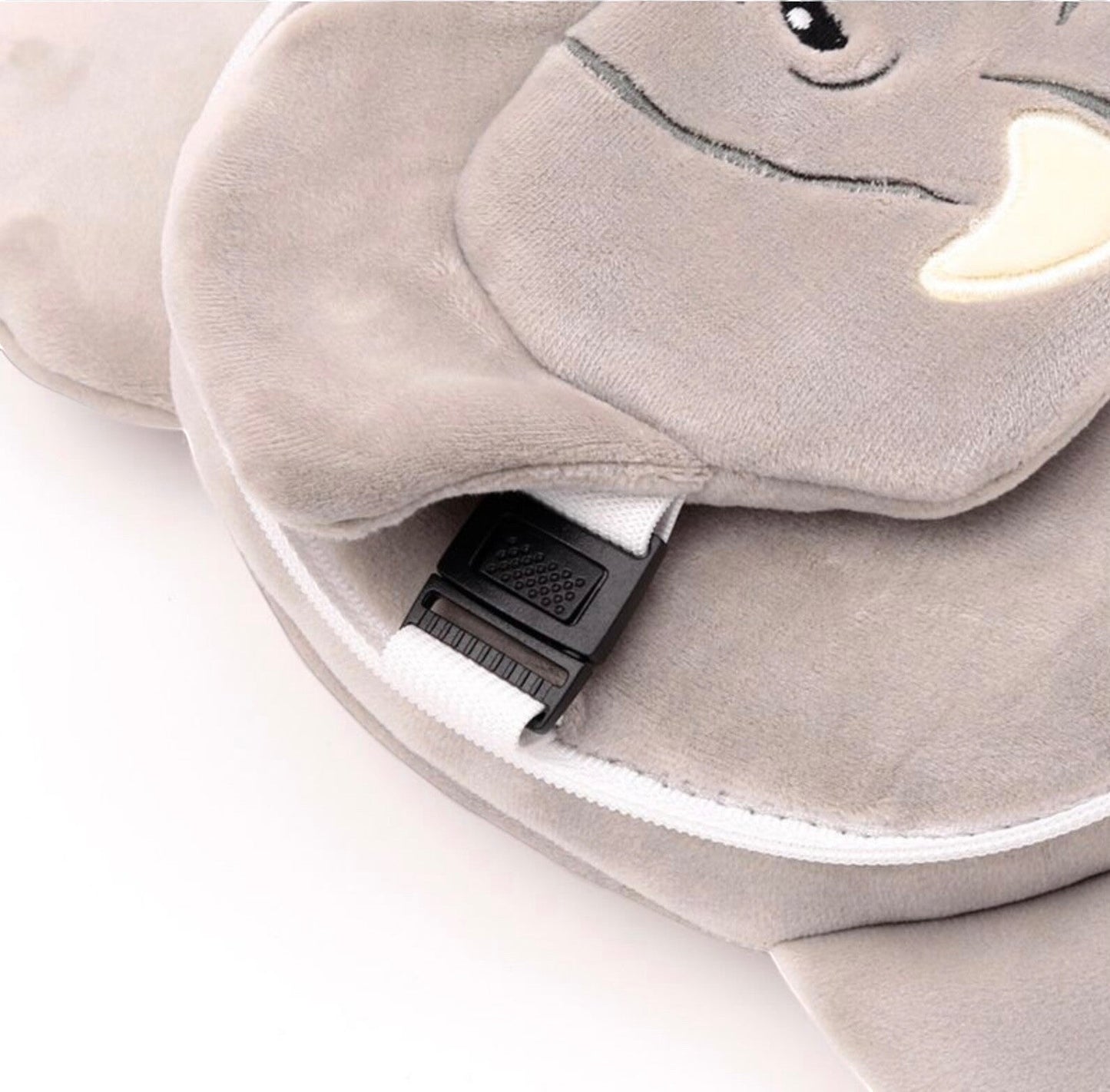 Eclectic Relaxeazzz Janu the Elephant travel pillow in soft grey plush with a matching eye mask and secure clip.