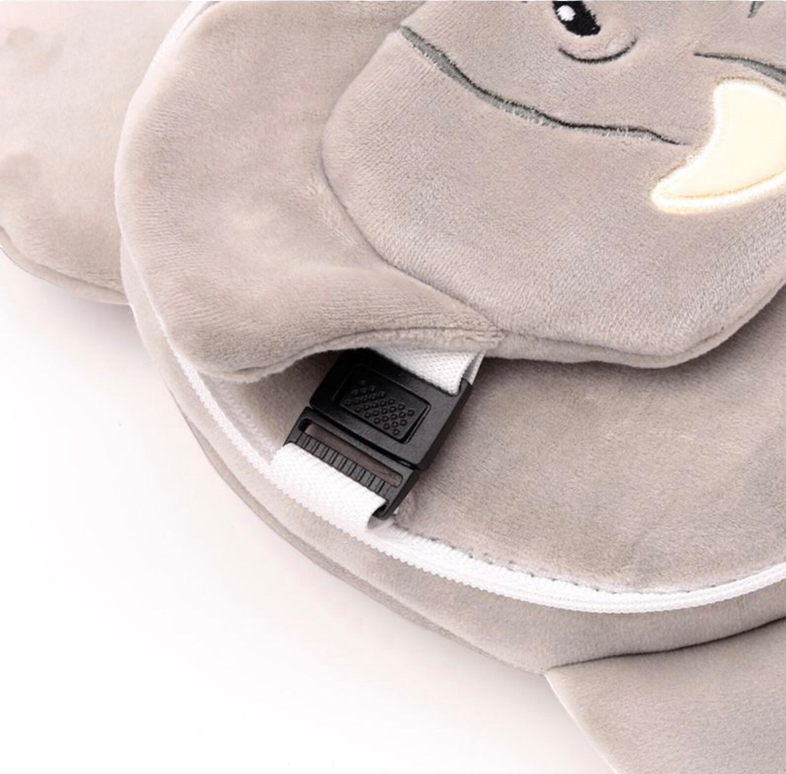Eclectic Relaxeazzz Janu the Elephant travel pillow in soft grey plush with a matching eye mask and secure clip.