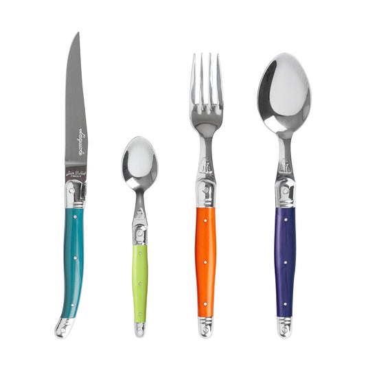 Eclectic Jean Dubost Laguiole Victoria cutlery set featuring colorful ABS handles and stainless steel utensils