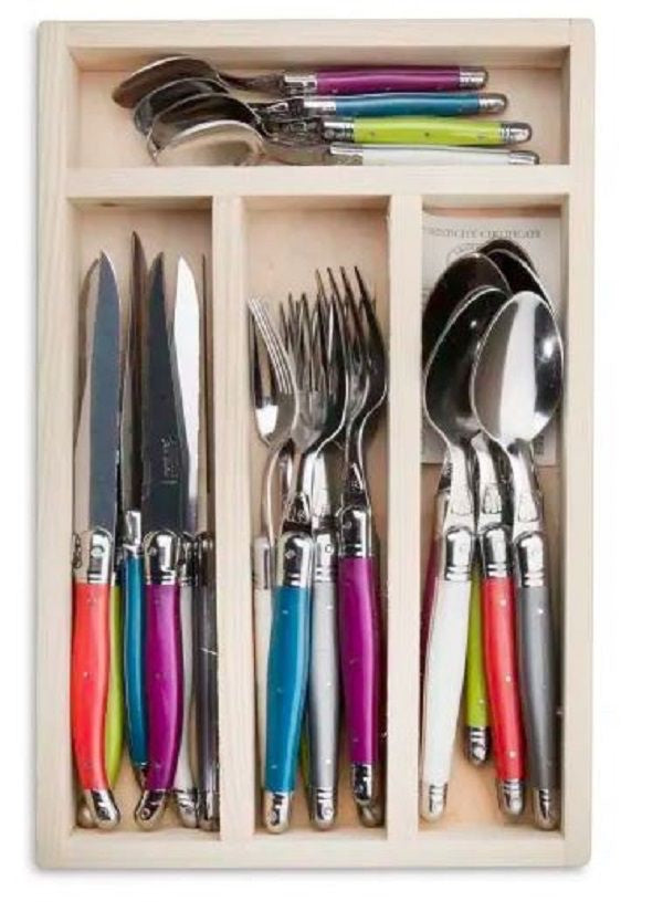 Eclectic Jean Dubost Laguiole Victoria 24-piece cutlery set with colourful ABS handles in a natural wood tray