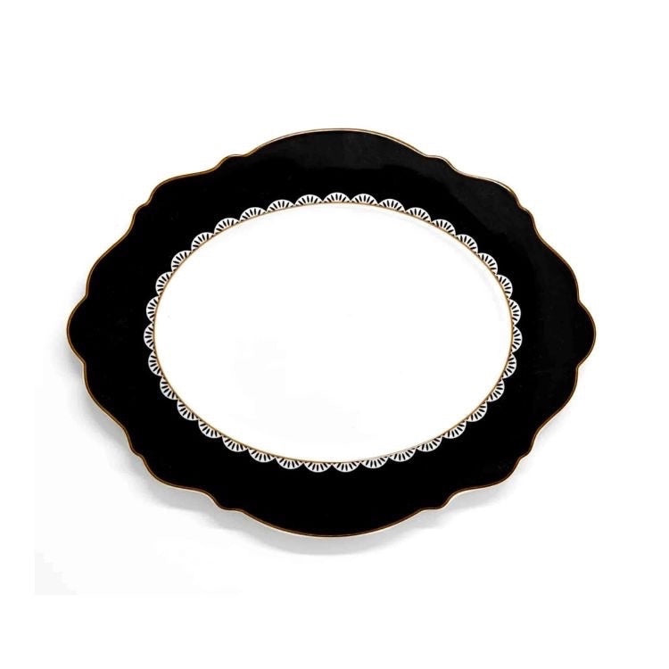 Eclectic Jenna Clifford Black Rose oval platter in new bone china with a monochrome floral motif and scalloped edge.