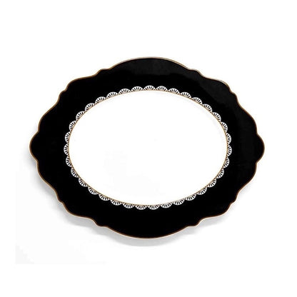 Eclectic Jenna Clifford Black Rose oval platter in new bone china with a monochrome floral motif and scalloped edge.