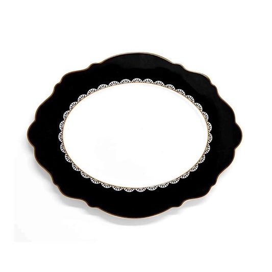 Eclectic Jenna Clifford Black Rose oval platter in new bone china with a monochrome floral motif and scalloped edge.