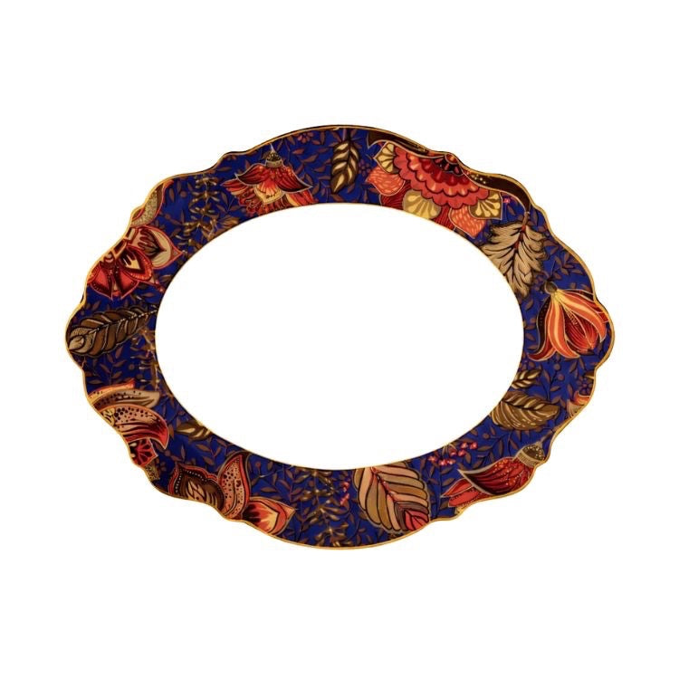 Eclectic Jenna Clifford Blue Fern oval platter in New Bone China with navy botanical motifs and scalloped edges.