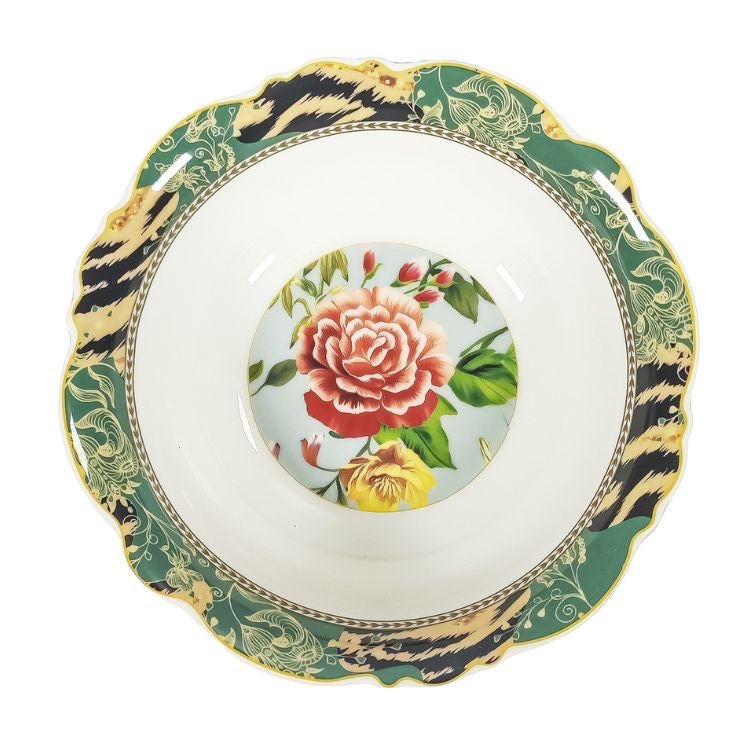Eclectic Jenna Clifford Botanica Rose Bowl in new bone china with floral centre and green decorative scalloped rim