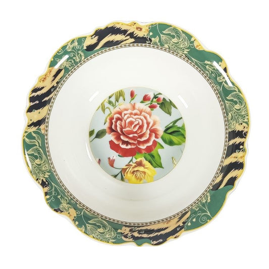 Eclectic Jenna Clifford Botanica Rose Bowl in new bone china with floral centre and green decorative scalloped rim