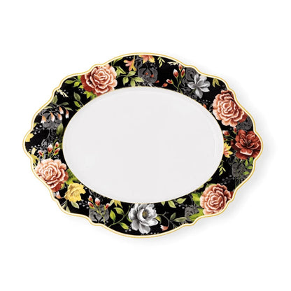 Eclectic Jenna Clifford Botanica Rose oval fine china platter with vibrant floral motifs on a black border