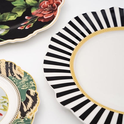 Eclectic Jenna Clifford fine china plates featuring black and white striped and floral botanical rose patterns.