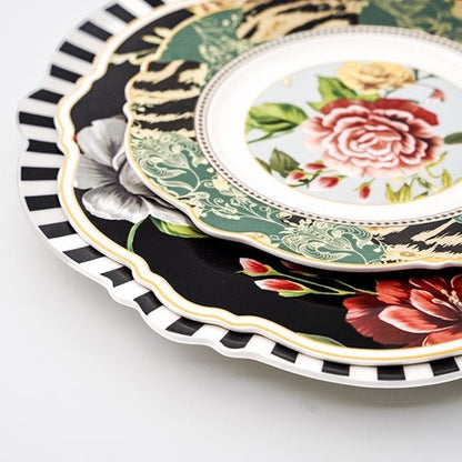 Eclectic Jenna Clifford Botanica Rose fine china server plates with black and white floral patterns and scalloped edges