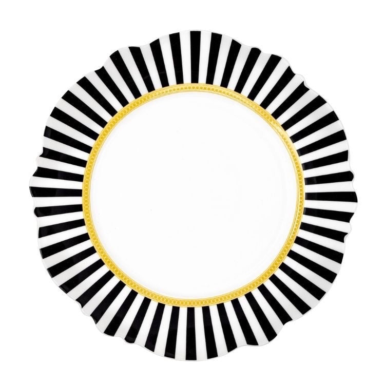 Eclectic Jenna Clifford Botanica Rose fine china server plate with black and white striped rim and gold detail