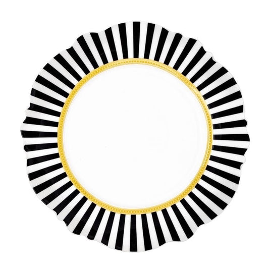 Eclectic Jenna Clifford Botanica Rose fine china server plate with black and white striped rim and gold detail