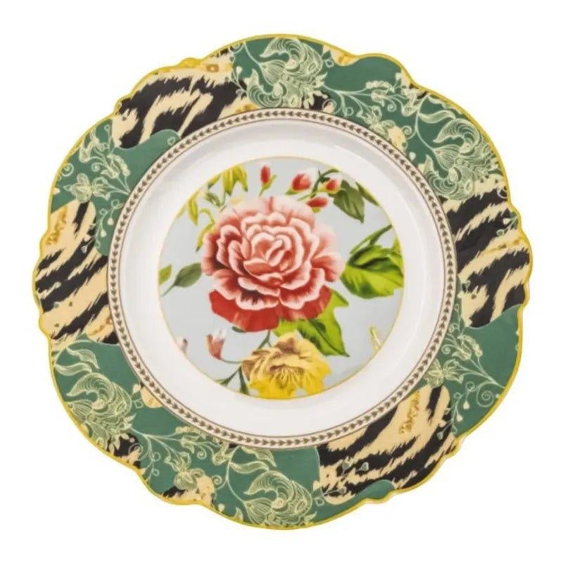 Eclectic Jenna Clifford fine china biscuit plate featuring a botanical rose center and decorative animal print border.
