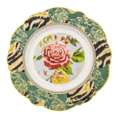 Eclectic Jenna Clifford fine china biscuit plate featuring a botanical rose center and decorative animal print border.