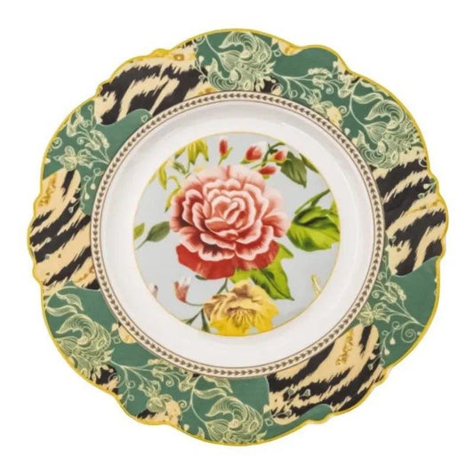 Eclectic Jenna Clifford fine china biscuit plate featuring a botanical rose center and decorative animal print border.