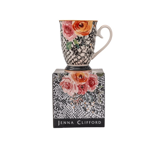 Eclectic Jenna Clifford fine china footed mug with peach rose floral motif and black snake print in a gift box