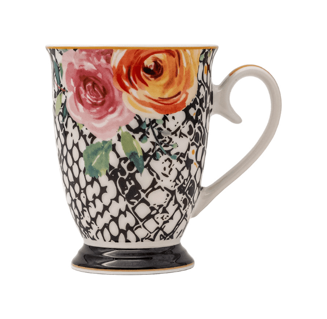 Eclectic Jenna Clifford fine china footed mug featuring a black and white animal print pattern and peach rose floral motif.