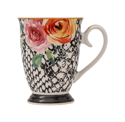 Eclectic Jenna Clifford fine china footed mug featuring a black and white animal print pattern and peach rose floral motif.