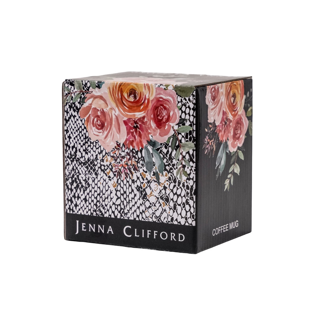 Eclectic Jenna Clifford Peach Rose Mug gift box featuring floral rose artwork and black and white snakeskin pattern.