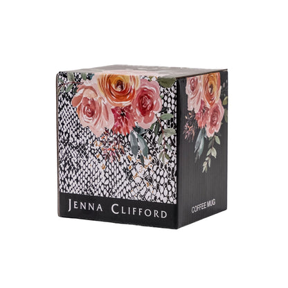 Eclectic Jenna Clifford Peach Rose Mug gift box featuring floral rose artwork and black and white snakeskin pattern.