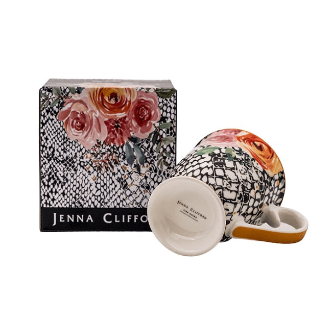 Eclectic Jenna Clifford fine china footed mug with peach rose floral pattern and gift box, showing base detail