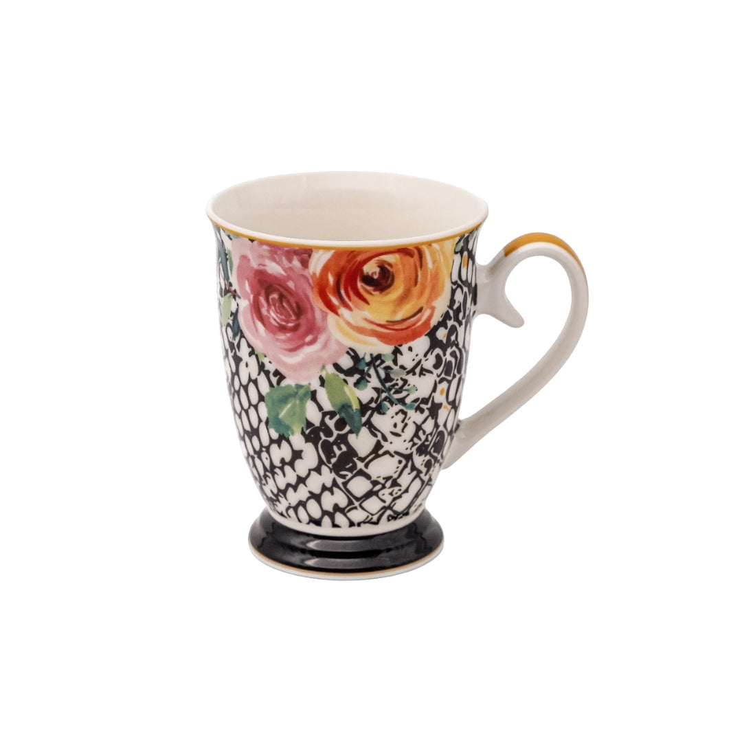 Eclectic Jenna Clifford fine china footed mug featuring a peach rose floral motif and black and white patterned base.