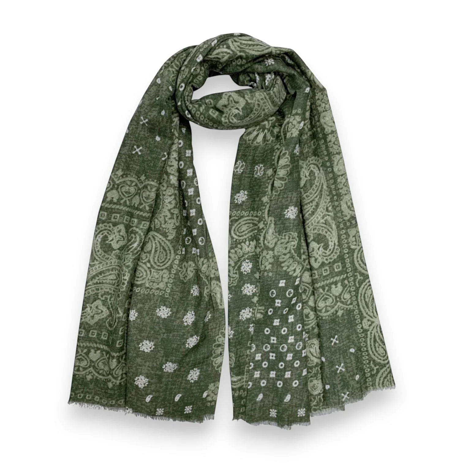 Eclectic khaki wool blend scarf featuring an oversized white bandana paisley print and soft frayed edges.
