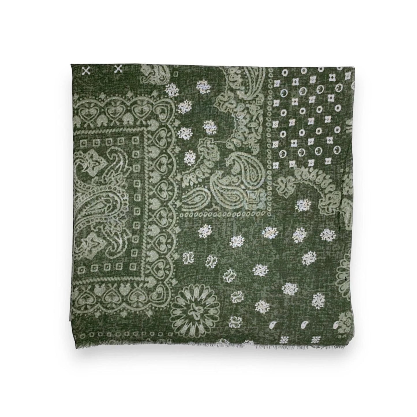 Eclectic khaki wool blend scarf featuring an oversized white bandana paisley print in a soft lightweight fabric