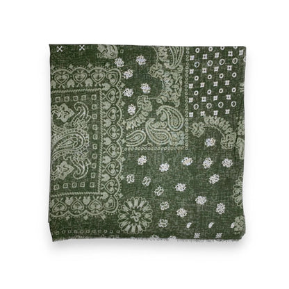Eclectic khaki wool blend scarf featuring an oversized white bandana paisley print in a soft lightweight fabric