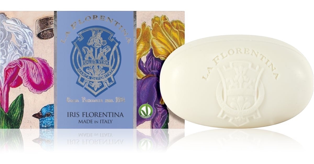 Eclectic La Florentina Iris soap in an oval ivory shape with a decorative floral gift box featuring Tuscan artwork.