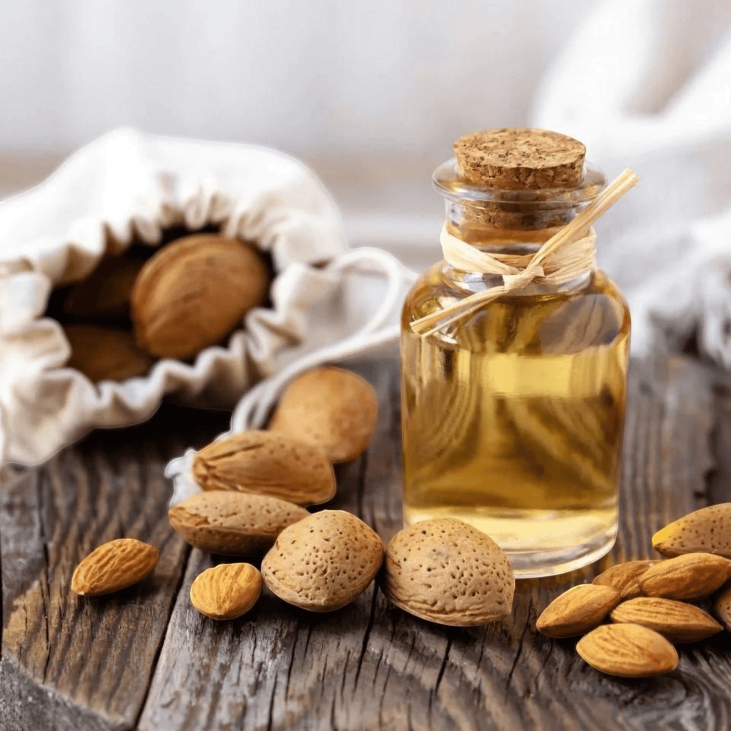 Eclectic La Florentina sweet almond soap ingredients featuring a glass bottle of almond oil and whole almonds