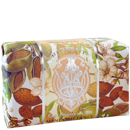 Eclectic La Florentina Sweet Almond soap bar wrapped in decorative paper with almond and floral illustrations.