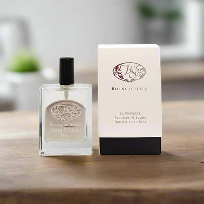 Eclectic La Provence Bergamot & Lemon room and linen mist in a square glass bottle with pewter emblem and gift box.
