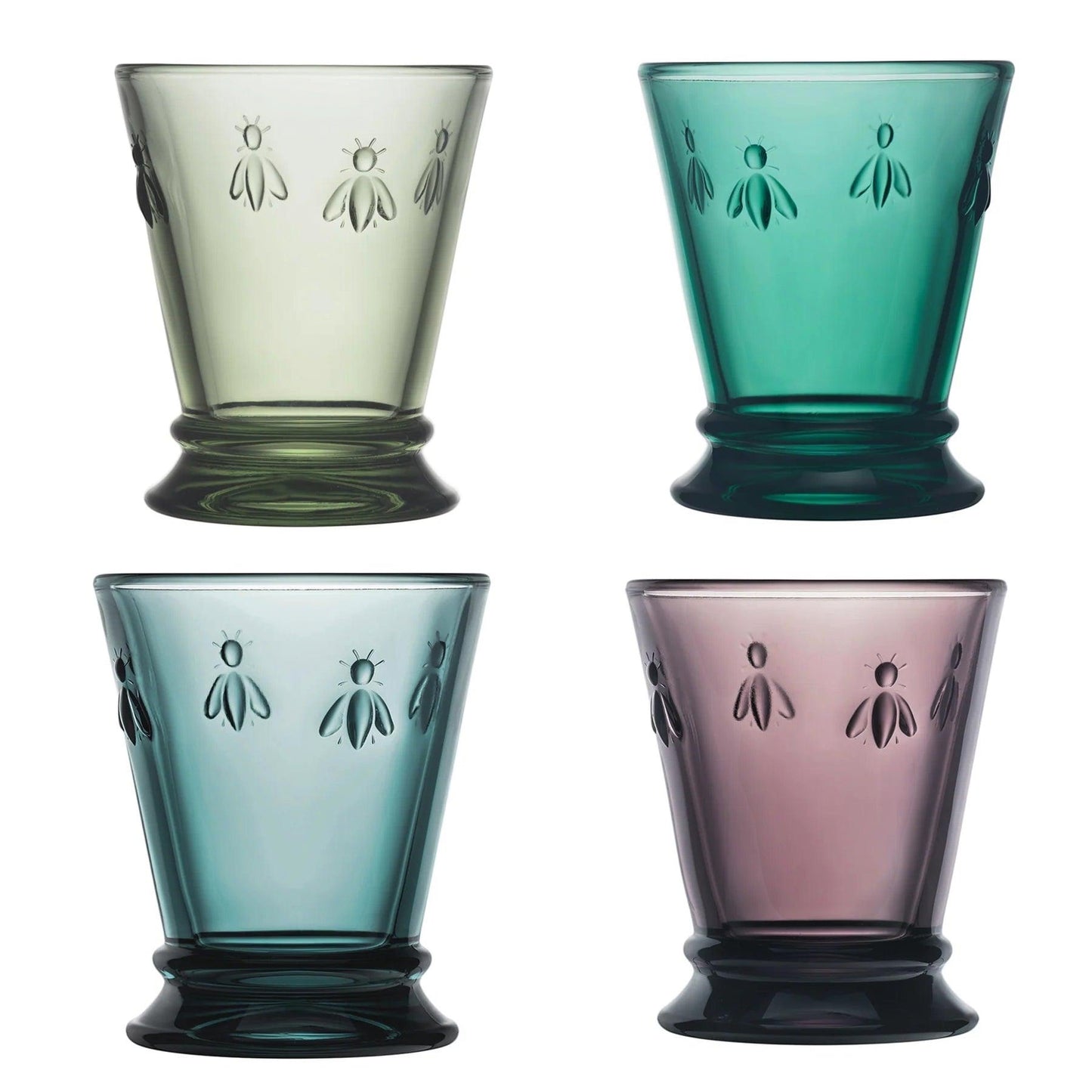 Eclectic La Rochère Abeille French Bee tumbler set of four in assorted jewel-toned pressed glass with bee motifs.