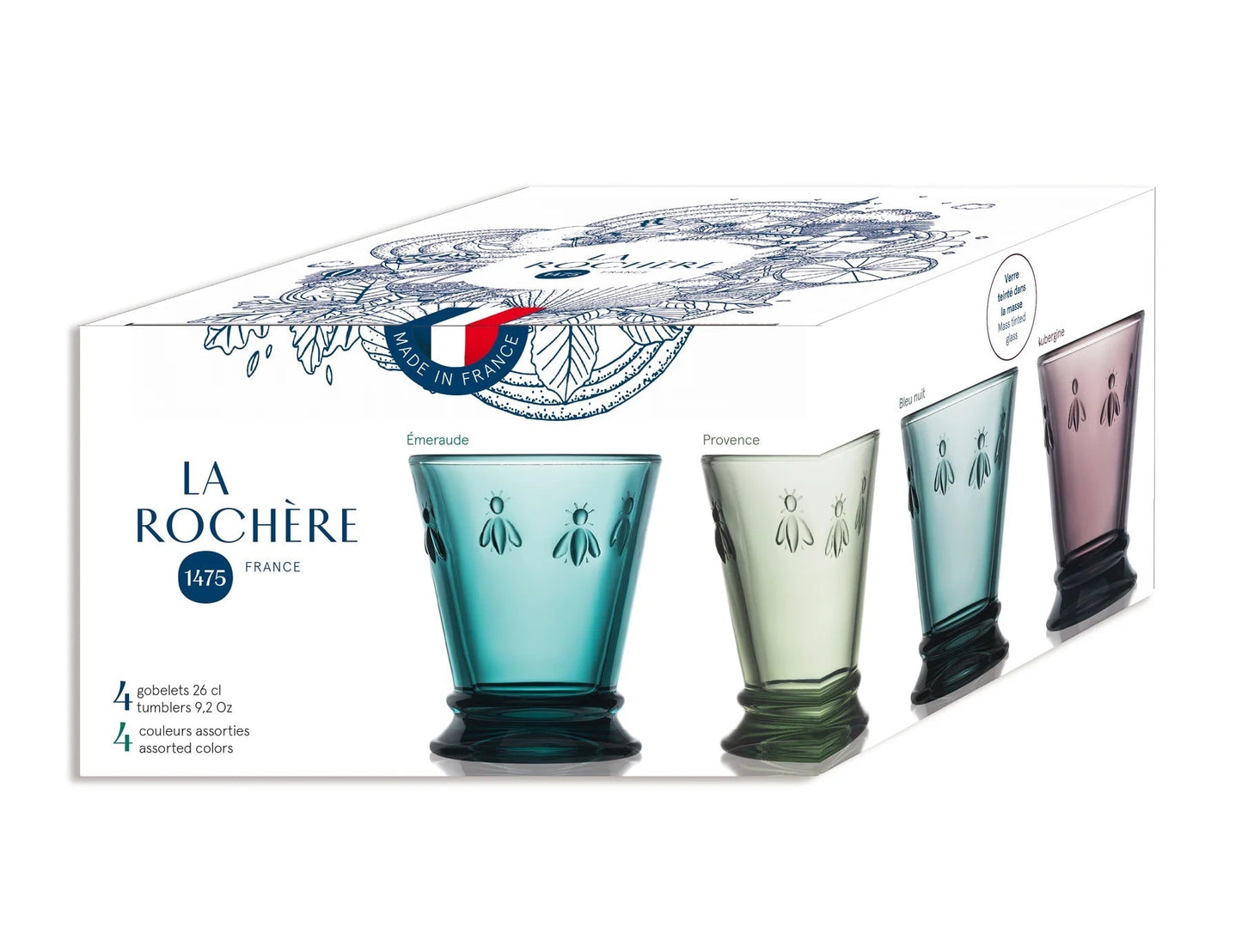 Eclectic La Rochère Abeille French Bee tumbler set of four jewel-toned pressed glass cups in a branded gift box