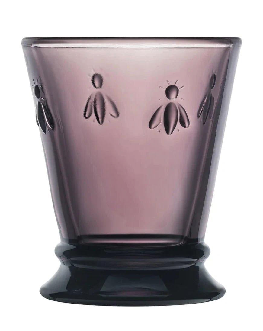 Eclectic La Rochère Abeille French Bee tumbler in deep aubergine pressed glass with a tapered silhouette