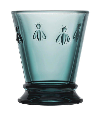 Eclectic La Rochère Abeille French Bee tumbler in deep blue pressed glass with iconic raised bee motif