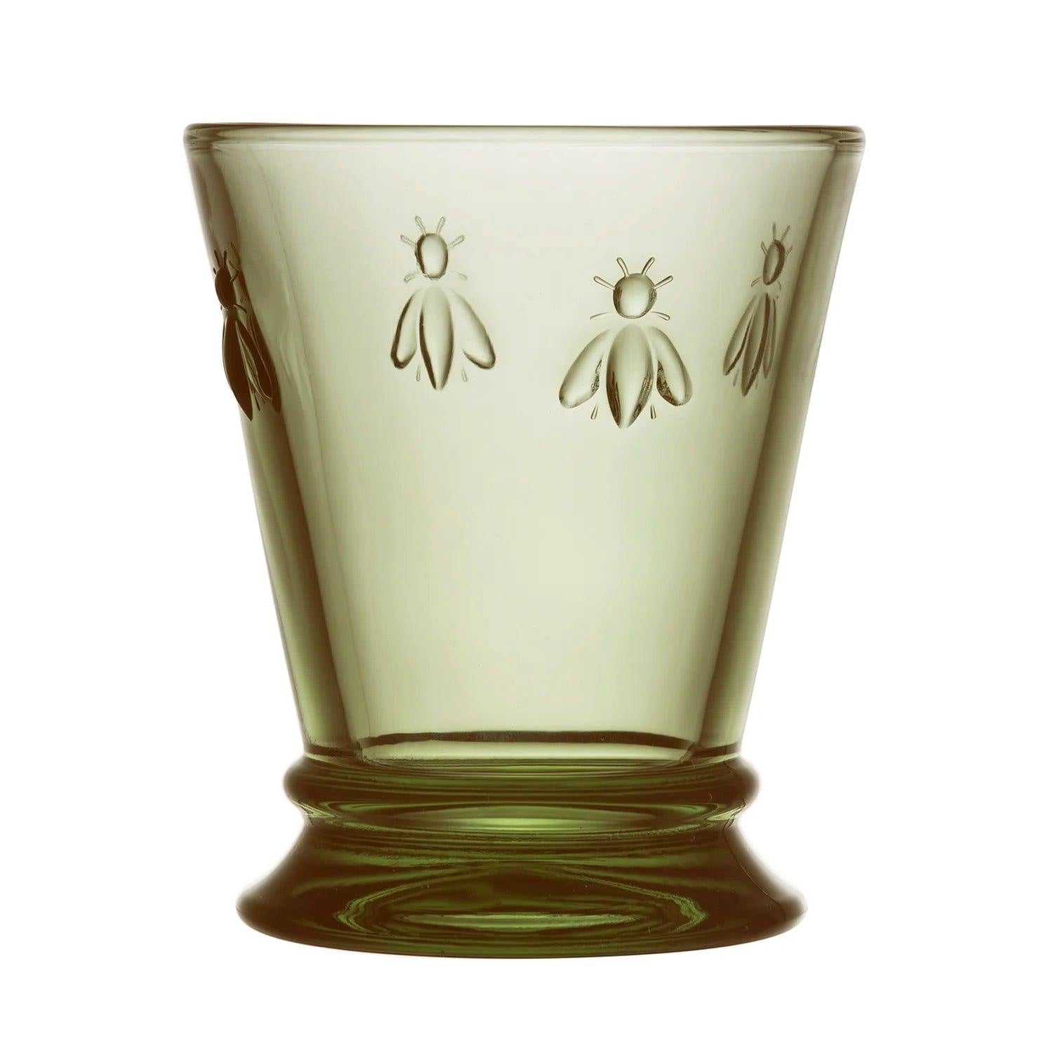 Eclectic La Rochère Abeille green glass tumbler with iconic Napoleonic bee motif and tapered silhouette