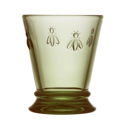 Eclectic La Rochère Abeille green glass tumbler with iconic Napoleonic bee motif and tapered silhouette