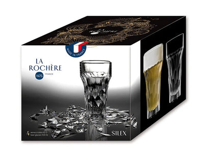Eclectic La Rochère Silex beer glass set of four in clear pressed glass with a structured industrial design.