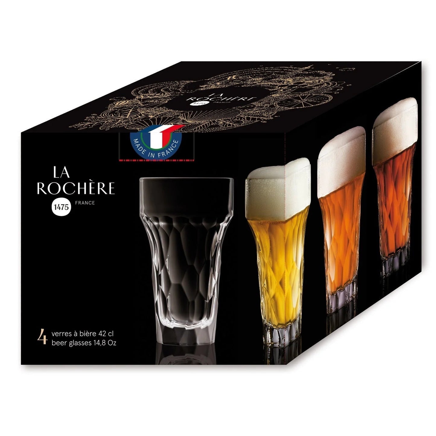 Eclectic La Rochère Silex clear pressed glass beer set of four with a structured, flint-inspired geometric design.